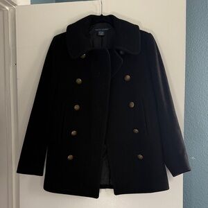 Ralph Lauren Elegant Double Breasted Black Pea Coat with Brass Buttons